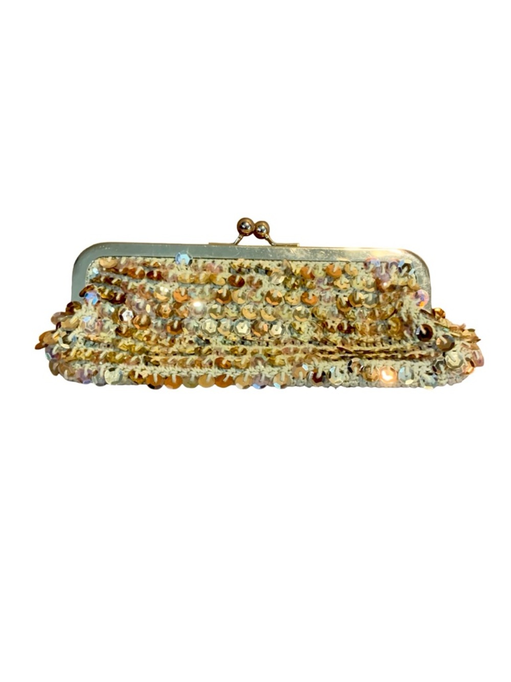 VINTAGE Y2K CALL IT SPRING BEIGE CROCHET WITH GOLD SEQUINS CLUTCH